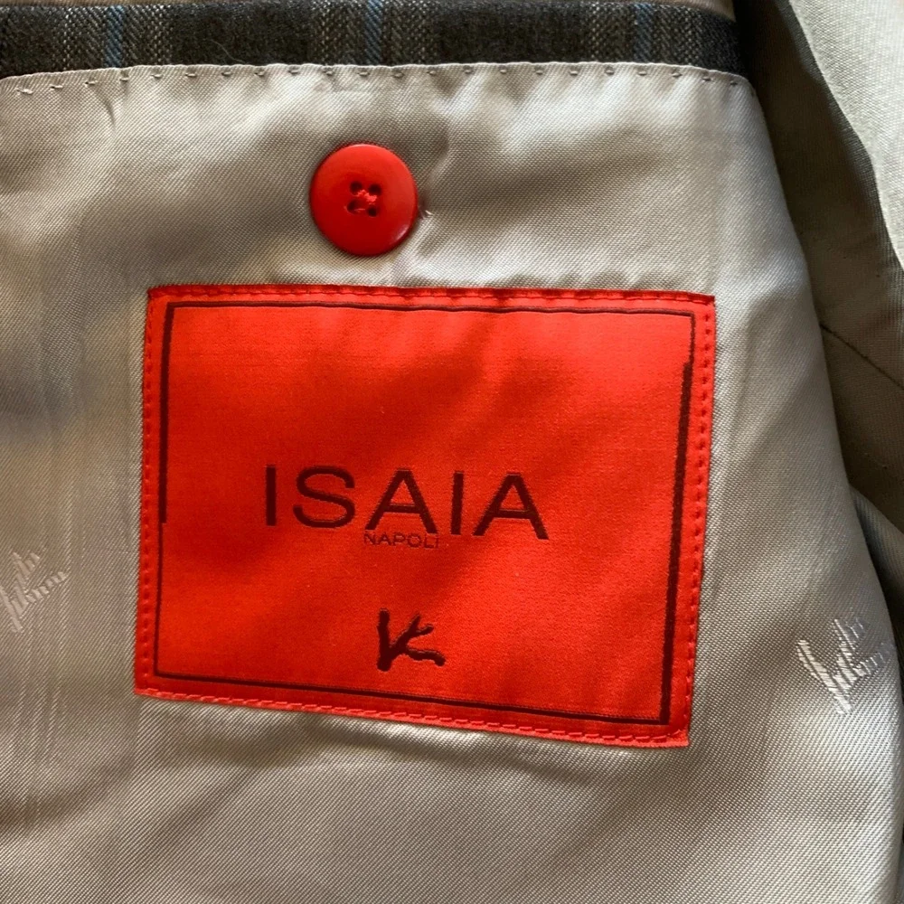 Isaia Napoli Mens Plaid Sport Coat Blazer Charcoal Gray Blue Wool Two Button